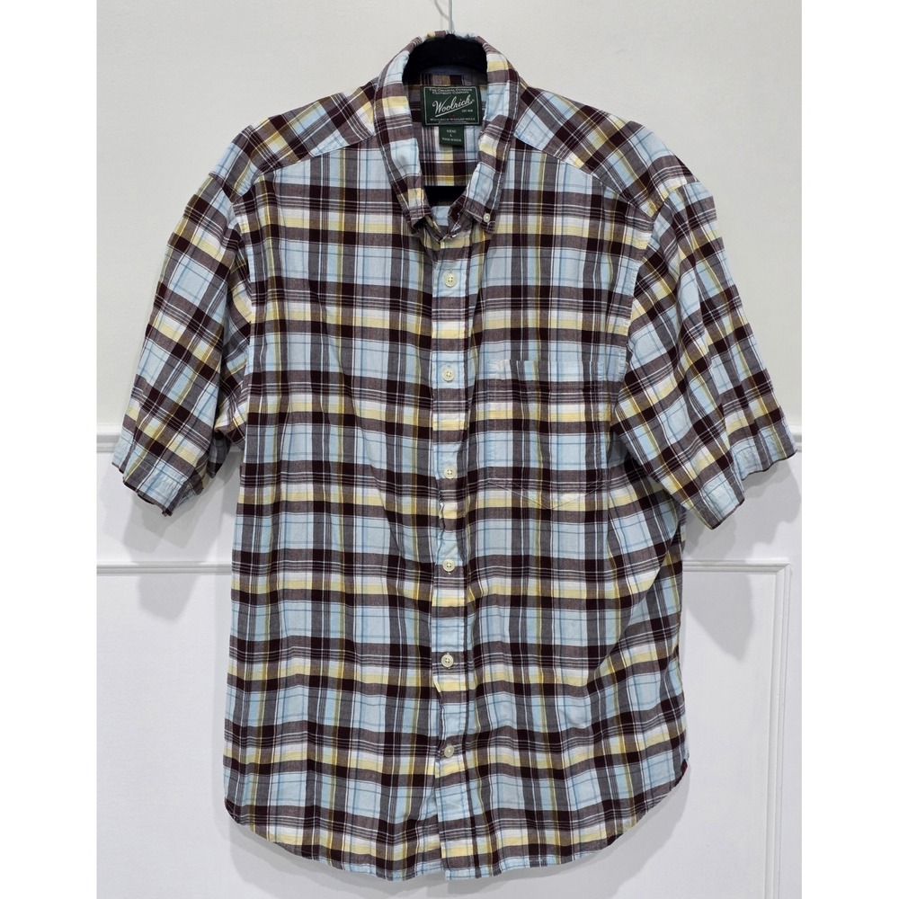 Woolrich Plaid Short Sleeve Button Up Shirt Mens Size L Blue‎ Brown Yellow